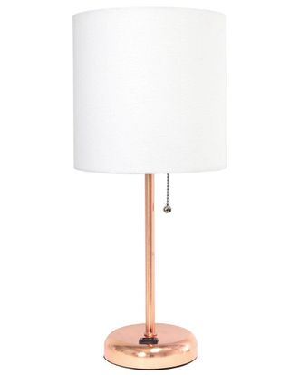 Lalia Home Rose Gold Stick Lamp With Charging Outlet And Fabric Shade