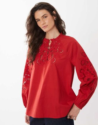 Mango Blusa in 100% cotone rossa con ricami cut-out-Rosso