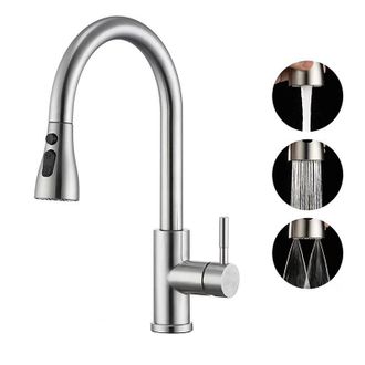 OEM Grifo De Cocina De Acero Inoxidable Con Alfombrilla De Ducha Extensible, Cabezal De Ducha Giratorio De 360&deg;, Acabado En Plata Cepillada, 3 Modos De Aj