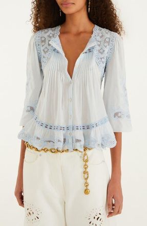 Farm Rio Richilieu Lace Panel Cotton Blouse in Blue at Nordstrom, Size Xx-Small