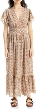 Max Studio Flutter Sleeve Floral Tiered Maxi Dress in Blush/Olive at Nordstrom Rack, Size X-Small