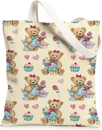 Generic Cute Bear Canvas Tote Bags, Floral Cupcake Pattern Reusable Grocery Bags, Vintage Lightweight Washable Shoulder Strap, Beige, 13x15 Inch