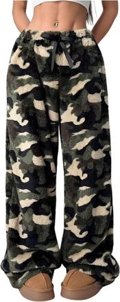 Generic Leopard Pants Women Therian Fuzzy Pajama Pants Y2k Cheetah Checked Pants Grunge High Waisted Fluffy Pant