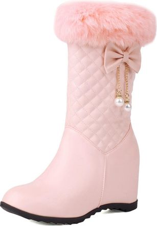 Generic Womens Mid-Calf Boots Faux Fur Trim Bow Pearl Pendant Quilted PU Leather Wedge Heel Round Toe Side Zip Elegant Durable Design,Pink,4.5 UK
