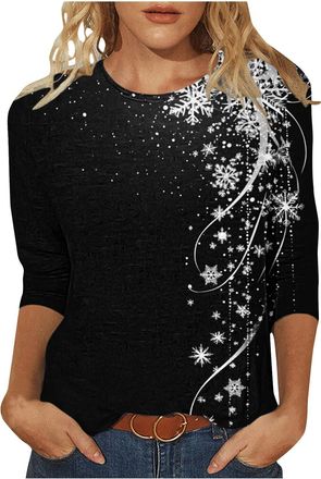 Generic KUIH Christmas Tops for Women Novelty Funny Xmas Tees Cotton 3/4 Sleeeve Blouse Lightweight Christmas Tree Jumper Graphic Pullover Holiday Crewneck Tu