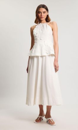 Karen Millen Womens Cotton Linen 3D Floral Midi Dress - White - Size 16 UK