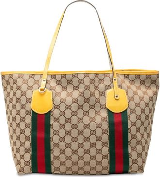 Gucci Beige Brown Canvas Leather Shoulder Bag Tote Bag (Pre-Owned)