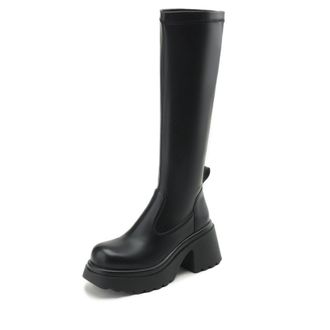 Generic Womens Knee-High PU Leather Boots Round Toe Chunky Platform Block Heels Side Zipper Elastic Panel Pull Tab Soft Lining Cushioned Insole Durable Outsol