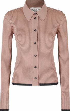 Roberto Collina Anthracite Pink Ribbed Merino Wool Cardigan