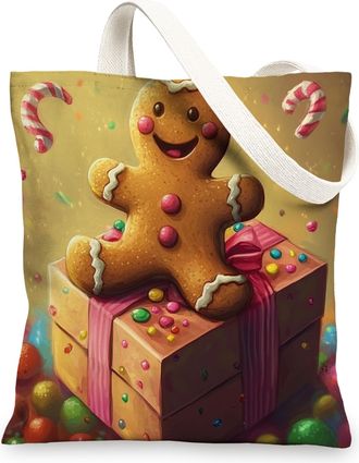 Generic Whimsical Merry Christmas Gingerbread Man Canvas Tote Bag for Shopping 13x15, Fun Kid Xmas Reusable Grocery Print Bag for Women, Holiday New Year Beac