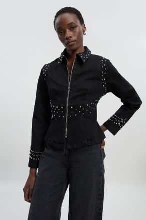 Karen Millen Womens Denim Placed Stud Zip Through Collared Jacket - Black Cotton - Size 16 UK