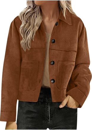 Generic Womens Faux Suede Jackets Long Sleeve Lightweight Cropped Jacket Blazers Button Down Loose Fit Jackets Ladies Trendy Streetwear Outwear Coat Lapel Fas