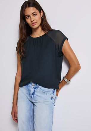 Street One Blusentop STREET ONE, Damen, Gr. 36, deepwater blau, Web, Obermaterial: 88% Viskose, 12% Polyamid, unifarben, l&auml;ssig geschnitten h&uuml;ftbedeckend, Rundha