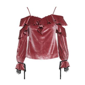 Self Portrait Sp15-088 fluwelen top met ruches en blote schouders - Dames - Blouses & Shirts - Roze - Maat: XS