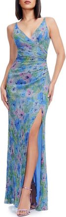 Dress The Population Jordan Metallic Floral Ruched Mermaid Gown in Sky Multi at Nordstrom, Size Xx-Large