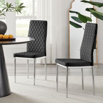 Furniturebox Set of 4 Milan High Back Soft Touch Diamond Pattern Velvet Dining Chairs With Silver Chrome Metal Legs in Black