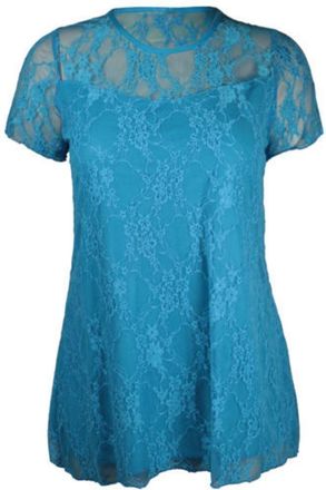 Purple Hanger New Womens Floral Lace Short Sleeve Ladies Flower Lined Patterned Stretch T-Shirt Tunic Party Top Plus Size (22 / 24, Turquoise)