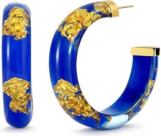 Gold & Honey Womens Small Lucite Hoop Earrings In Royal Blue Gold Leaf