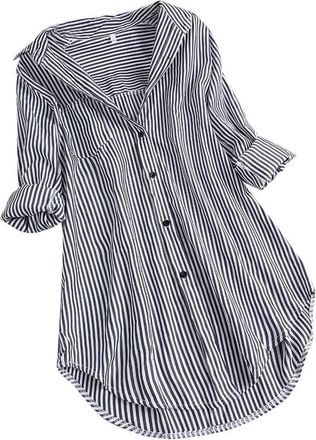 Generic Long Sleeve Womens White Black Striped Tops Womens Autumn Large Sizes Shirt with Button Down Blouse Shirt Womens 3/4 Sleeve Tunic Turn-Up Sleeves Shir