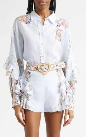 Camilla Seville Sweetheart Frill Detail Linen Button-Up Shirt at Nordstrom, Size Medium