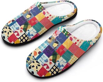 Generic Patchwork Pattern Mens House Slippers Memory Foam Washable Cotton Slip on Home Shoes