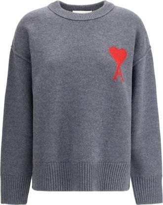 Ami De Coeur Sweater met Jacquard Logo - Dames - Ronde hals truien - Grijs - XS - Wol - Truien & Vesten