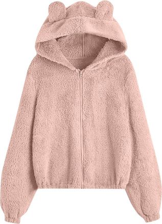 Generic Womens Fleece Jacket with Ears Warm Hooded Teddy Coat Full Zip Hoodie Soft Fuzzy Sherpa Jacket Chic Long Sleeve Zipper Winter Sweatshirt Pink M
