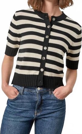 Lilla P Elbow-Length Button Cardigan In Jet Black Stripe