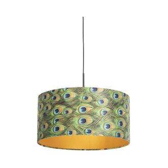 QAZQA Qazqa - Pendant Light with Velvet Lampshade Peacock with Gold 50 cm - Combi