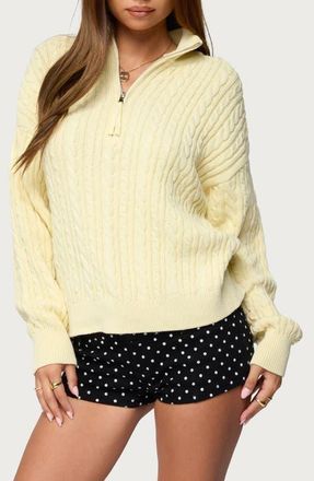 Edikted Sarie Cable Stitch Quarter Zip Cotton Sweater in Light-Yellow at Nordstrom, Size X-Small