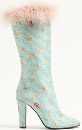 Valentino Garavani Stivale Hotty In Tessuto Chinè Fiori & Pois Con Piume 100Mm Donna CELESTE 36.5