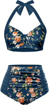 Holipick Women High Waisted Bikini Set Two Piece Swimsuit Tummy Control Bathing Suit Vintage Halter Swimwear, Teal and Floral, XL