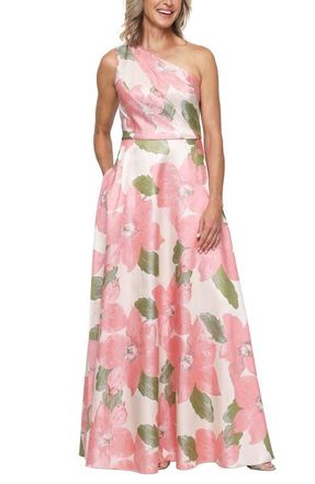 Alex Evenings Print Jacquard One-Shoulder Gown in Coral at Nordstrom, Size 12