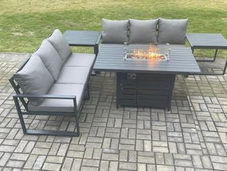 Fimous Aluminium 6 Seater Outdoor Garden Furniture Lounge Sofa Set Gas Fire Pit Dining Table with 2 Side Tables in Dark Grey