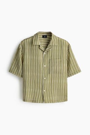 H&M Relaxed Fit Resort Shirt in Dark Khaki Green/striped at Nordstrom, Size Xx-Large