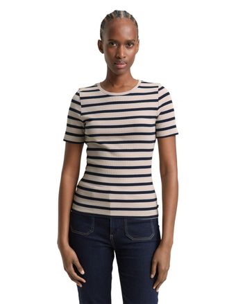 Tom Tailor Denim Rundhalsshirt TOM TAILOR DENIM, Damen, Gr. XXL, cloud grau navy stripe, Single Jersey, Obermaterial: 93% Baumwolle, 7% Elasthan, gestreift, k&ouml;rpernah 