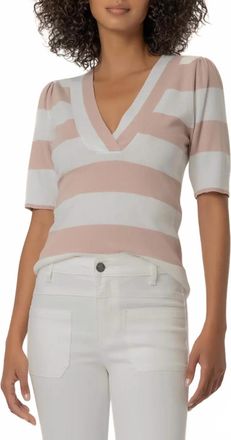 Kut from the Kloth Yona Striped V-Neck Sweater In White/ Blush