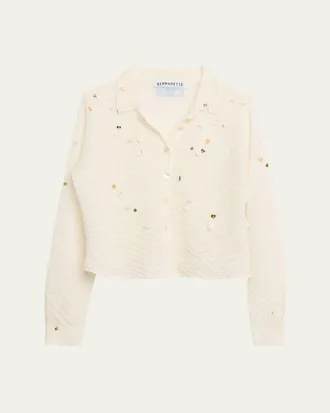Bernadette Turner Embellished Check Linen Button-Down Shirt