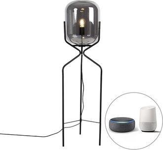 QAZQA Qazqa + Dise&ntilde;o L&aacute;mpara De Pie Inteligente Negra Con Wifi A60 Cristal Ahumado - Bliss Acero /vidrio Alargada Adecuado Para Led Max. 1 X 7 Watt