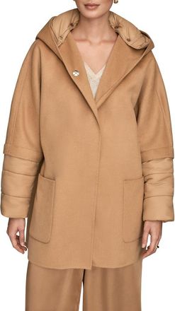 DKNY Mixed Media Puffer Sleeve Wool Blend Coat in Fawn at Nordstrom, Size X-Small