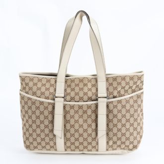 Gucci Beige Leather Canvas Handbag Tote Bag (Pre-Owned)