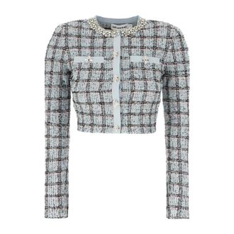 Self Portrait Tweed Jackets, female, Blue, Size: XS Check-pattern Cardigan