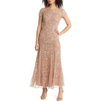 Pisarro Nights Beaded Mesh Midi Cocktail Dress in Beige at Nordstrom, Size 10