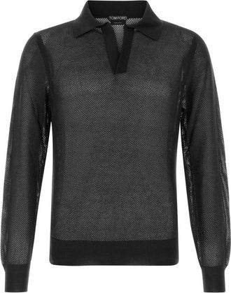 Tom Ford Polo Shirts, male, Black, Size: XL 18Gg Cotton Silk Mesh LS Buttonless Polo
