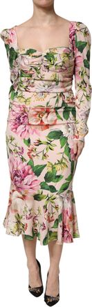 Dolce & Gabbana Womens Pink Floral Silk Fit And Flared Midi Dress Elastane