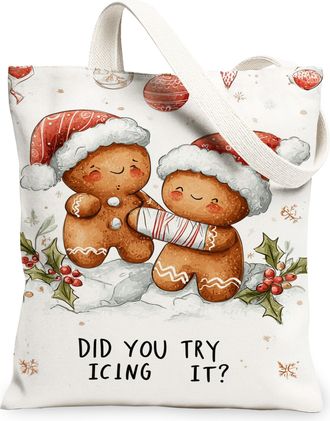 Generic Cute Gingerbread Canvas Tote Bags, Holiday Biscuits Pattern Reusable Bags, Winter Lightweight Washable Shoulder Strap, White, 13x15 Inch