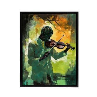 Artery8 Jazz Violin Player Street Musician Framed Canvas Wall Art Print in Green | Size: W24 x H32