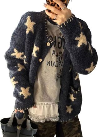 Generic Women Star Graphic Cardigan Sweater Vintage Open Front Long Sleeve Button Down Knitted Cardigan Coat Outwear with Pockets Navy Blue