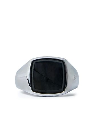 Tom Wood sterling silver larvikite signet ring - unisex - Rhodium Plated Sterling Silver/Larvikite - 62