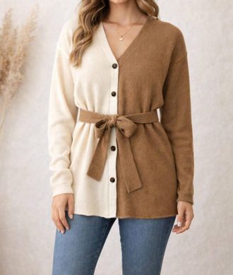 Promesa Colorblock Belted Cardigan In Beige